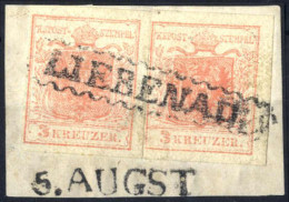 Piece "LIEBENAU 5. AUGUST", Briefstück Frankiert Mit 3 Kr. Rot + 3 Kr. Rot, Beide In Type Ia, Mit Unterlegter Mitte, 200 - Autres & Non Classés