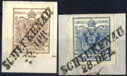 Piece "SCHLUKENAU", 2 Briefstücke Mit 6 Kr. Braun Type III + 9 Kr. Blau Type II, Je 12 Müllerpunkte, Mi. 4-5 - Autres & Non Classés