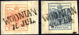 Piece "WODNIAN", 2 Briefstücke Mit 3 Kr. Rot Type III Und 9 Kr. Blau Type II, Je 30 Müllerpunkte, Mi. 3X+5X - Autres & Non Classés