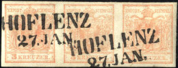 O "HOFLENZ 27. JAN.", 1854, Wappen, 3 Kr. Rot Type III MP, Waagrechter Dreierstreifen, 20 Müllerpunkte, ANK 3/MP - Autres & Non Classés