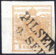 O 1850, 1 Kr. Braunorange In Type Ia, Mit 5 Mm Linkem Randstück, Entwertet "Pilsen 9/9", Befund Ferchenbauer, ANK 1e - Autres & Non Classés