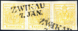 O 1850, 1 Kr. Kadmiumgelb HP Type III, Gut Gerandeter Waagrechter Dreierstreifen, Entwertet Mit Einem Kompletten Und Ein - Sonstige & Ohne Zuordnung