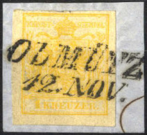 Piece 1850, 1 Kr. Kadmiumgelb In Type III, Handpapier, Briefstück Olmütz 12.11., Befund Goller, ANK 1 III HP / 210,- - Autres & Non Classés