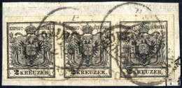 Piece 1850, 2 Kr. Schwarz HP Type IIIb, Breitrandiger Waagrechter Dreierstreifen, Original Auf Einem Ausschnitt Einer Re - Sonstige & Ohne Zuordnung