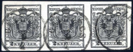 O 1854, 2 Kr. Schwarz MP Type IIIa, Gut Gerandeter Waagrechter Dreierstreifen, Mit Drei Sehr Klaren, Fast Kompletten Tei - Autres & Non Classés
