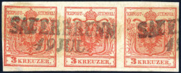 O 1850, 3 Kr. Karminrot HP Type I A/1 (Erstdruck), Gut Gerandeter Waagrechter Dreierstreifen, Die Linke Marke Mit Wasser - Autres & Non Classés