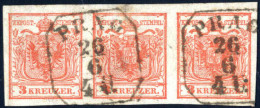 O 1850, 3 Kr. Rot HP Type I A/1 (Erstdruck), Gut Gerandeter Waagrechter Dreierstreifen, Entwertet Mit Zwei Sauberen Kast - Autres & Non Classés