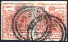 O/pair 1850, 3 Kr. Rot In Type Ia Mit Maschinenabklatsch, Waagrechtes Paar, Entwertet In Triest Am 15.4, ANK 3 - Autres & Non Classés