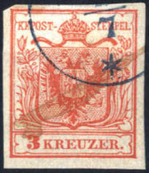 O 1850, 3 Kr. Rot In Type Ia, Blau Gestempelt, Mit Federstrich, ANK 3 - Autres & Non Classés