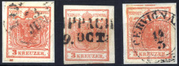 O 1850, 3 Kr. Rot In Type Ia, Drei Exemplare Alle Mit Balken, Gestempelt, ANK 3 - Autres & Non Classés