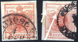 O 1850, 3 Kreuzer Type I In Handpapier Mit Plattenfehler Blase Beim Linken Kronenband In Zwei Stadien, Gestempelt, ANK 3 - Autres & Non Classés