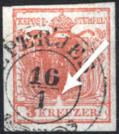 O 1850, 3 Kreuzer Type I In Handpapier Mit Plattenfehler Druckauslassung Im Adlerschwanz In Zwei Stadien, Gestempelt, AN - Autres & Non Classés