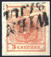 O 1850, 3 Kreuzer Type I In Handpapier Mit Plattenfehler Ringerl In Der Krone, Gestempelt, ANK 3 I / HP - Fe. 64 - Autres & Non Classés