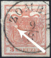 O 1850, 3 Kreuzer Type I In Handpapier Mit Plattenfehler Weißer Fleck Im Wappen, Gestempelt, ANK 3 I / HP, Fe. 53 - Autres & Non Classés