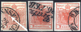 O 1850, 3 Kreuzer Type I In Handpapier Mit Plattenfehler Links Fleck Im Schwert In Drei Stadien, Gestempelt, ANK 3 I / H - Autres & Non Classés