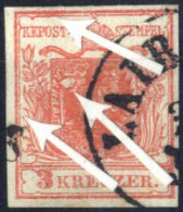 O 1850, 3 Kreuzer Type I In Handpapier Mit Plattenfehler Links Großes Scharf Abgegrenztes Weisses Ei, Gestempelt, ANK 3  - Autres & Non Classés