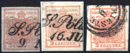 O 1850, 3 Kreuzer Type I In Handpapier Mit Plattenfehlern Und Pastösem Druck, Drei Gestempelte Exemplare, ANK 3 I / HP - Autres & Non Classés