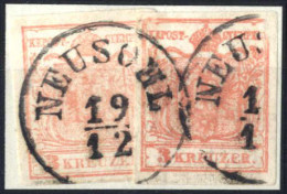 Piece 1850, Briefstück Frankiert Mit Zwei 3 Kr. Rot In Type III Mit Zwei Verschiedenen Farbnuancen, Entwertet "Neusohl 1 - Autres & Non Classés