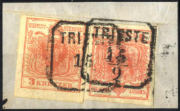 Piece 1850, Briefstück Frankiert Mit Zwei 3 Kr. Rot In Verschiedene Typen Derselben Wertstufe (Ib + IIIa), Entwertet "Tr - Autres & Non Classés