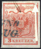 O 1850,3 Kr. Karminrot Type I Handpapier Entwertet Mit Blauem (Rovi)gno, Plattenfehler Oben Rechts, ANK 3 HP - Other & Unclassified