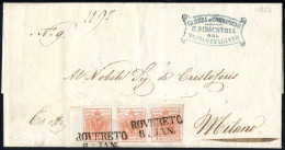 Cover 1853, Brief Von Rovereto Am 8.1. Nach Milano (Lombardei Venetien) Frankiert Mit Dreierstreifen 3 Kr. Blassrosa Typ - Sonstige & Ohne Zuordnung