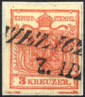 O 1859, 3 Kreuzer Rot Auf Geripptem Papier Mit Balken Unten, ANK 3 - Autres & Non Classés