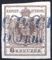 O 1850, 6 Kr. Braun Type Ia Entwertet Mit Blaustempel, ANK 4 HP - Sonstige & Ohne Zuordnung