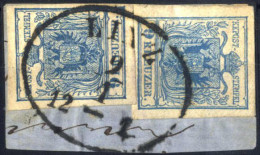 Piece 1850, Briefstück Frankiert Mit Zwei 9 Kr. Blau In Type III Mit Zwei Verschiedenen Farbnuancen, Entwertet "Linz 9/1 - Altri & Non Classificati