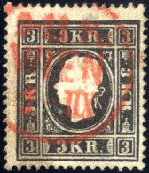 O 1858, 3 Kr. Schwarz Type I, Mit Roter Abstempelung Wien, ANK 11Iax - Andere & Zonder Classificatie