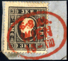 Piece 1858, 3 Kr. Tiefschwarz Type I A, Vollzähnige Und Besonders Farbtiefe Marke, Auf Briefstück, Mit Einem Leuchtend R - Other & Unclassified