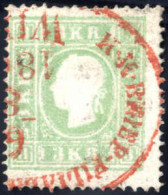 O 1859, 3 Kr. Blaugrün Type II, Mit Roter Abstempelugn, ANK 12b - Autres & Non Classés