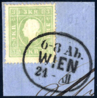 Piece 1859, 3 Kr. Grün Type II Auf Briefstück, Vollzähnig, Farb- Und Prägefrisch; Glasklar Gestempelt Mit "6-8 Ab. WIEN  - Other & Unclassified