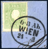 Piece 1859, 3 Kr. Grün Type II Auf Briefstück, Vollzähnig, Farb- Und Prägefrisch; Glasklar Gestempelt Mit "6-8 Ab. WIEN  - Sonstige & Ohne Zuordnung