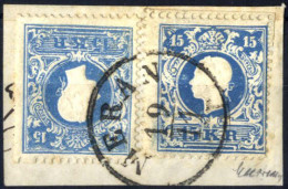 Piece 1858, 15 Kr. Blau In Type I Auf Briefstück, Zwei Werte In Zwei Farbnuancen, Gestempelt "Meran 19.11", Mi. 15 I - Altri & Non Classificati