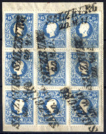 Piece/bof 1858, Briefstück Mit Neunerblock 15 Kr. Blau Type I, Bug Durch Die Rechte Markenreihe, ANK 15 I - Autres & Non Classés