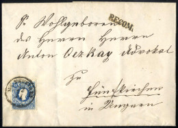 Cover 1858, Eingeschriebener Brief Von Wr. Neustadt Am 22.1. Nach Fünfkirchen Frankiert Mit 15 Kr. Blau Und Rückseitig 1 - Autres & Non Classés