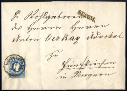 Cover 1858, Eingeschriebener Brief Von Wr. Neustadt Am 22.1. Nach Fünfkirchen Frankiert Mit 15 Kr. Blau Und Rückseitig 1 - Sonstige & Ohne Zuordnung