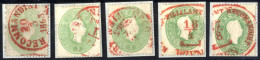 O 1860, 3 Kr. Grün In Unterschiedlichen Farbnuancen, Alle Fünf Exemplare Mit Rotstempel Entwertet, ANK 19a / 700,- - Sonstige & Ohne Zuordnung
