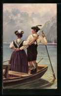 Künstler-AK Frau Und Mann In Bayerischer Tracht Im Ruderboot  - Costumi