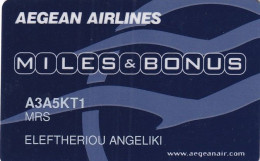 GREECE - Aegean Airlines, Magnetic Member Card, Used - Airplanes
