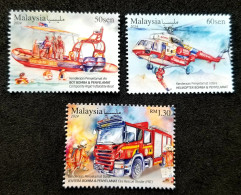 Malaysia Rescue Vehicle 2024 Helicopter Fire Engine Brigade Boat Ship Transport Firefighting Fireman (stamp) MNH - Maleisië (1964-...)