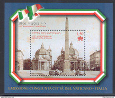 2011 Vaticano "150° Unità Italia - Piazza Del Popolo" Emissione Congiunta - 1 Foglietto MNH** - Emissions Communes