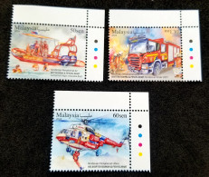 Malaysia Rescue Vehicle 2024 Helicopter Fire Engine Brigade Boat Ship Transport Firefighting Fireman (stamp Color) MNH - Maleisië (1964-...)