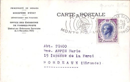 MONACO N° 424 S/CP. DE MONTE CARLO/1956-57  POUR  FRANCE - Cartas & Documentos