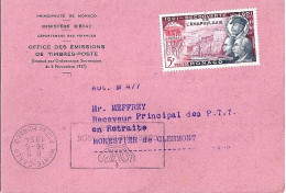 MONACO N° 395 S/CP. DE MONTE CARLO/16.6.54  POUR  FRANCE - Cartas & Documentos