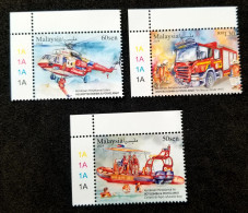 Malaysia Rescue Vehicle 2024 Helicopter Fire Engine Brigade Boat Ship Transport Firefighting Fireman (stamp Plate) MNH - Maleisië (1964-...)