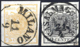 O 1850, 5 Cent. Giallo Ocra Con Annullo "MILANO 11/9" + 10 Cent. Nero Del Primo Tipo Con Annullo "CASALMAGGIORE 21/4", E - Lombardije-Venetië