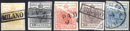 O 1850, Serie Completa Di 5 Valori Su Carta A Mano Con Pieghe Originali Di Carta, Due Certificati (10 E 45 Cent) E Tre V - Lombardo-Venetien