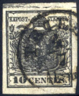 O 1850, 10 Cent. Nero, Tipo I Carta A Mano, Con Spazio Tipografico Orizzontale Superiore E Difetto Di Cliché "punto Bian - Lombardo-Vénétie