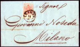 Cover 1855, Lettera Da Cremona Il 24.6 Per Milano Affrancata Con 15 C Rosso Bordo Di Foglio Inferiore Con Falla Di Stamp - Lombardije-Venetië